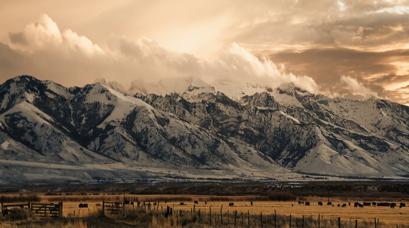 Snow-capped Ruby Mountains at sunset above a golden Nevada ranchland with cattle grazing
